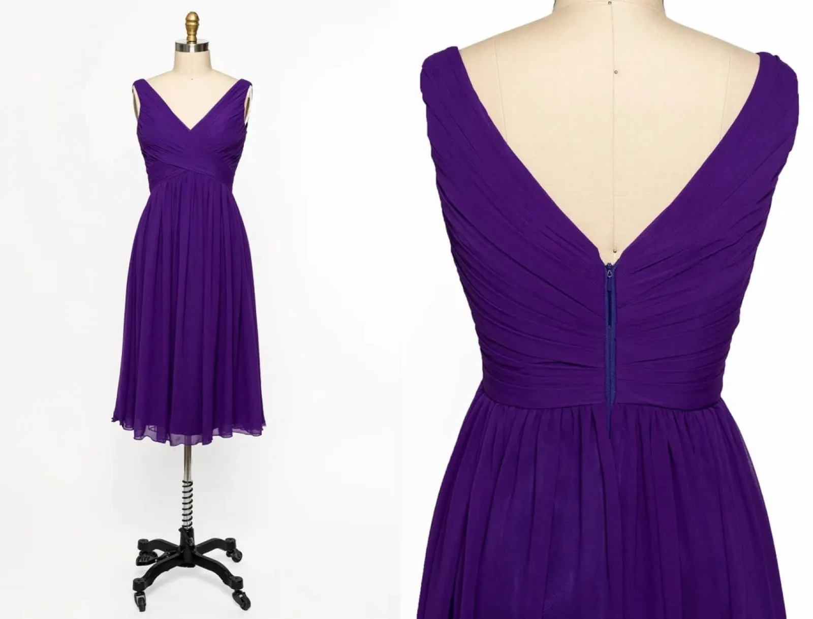 V Neck Sleeveless Crisscross Short Purple Chiffon Bridesmaid Dress