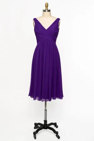 V Neck Sleeveless Crisscross Short Purple Chiffon Bridesmaid Dress
