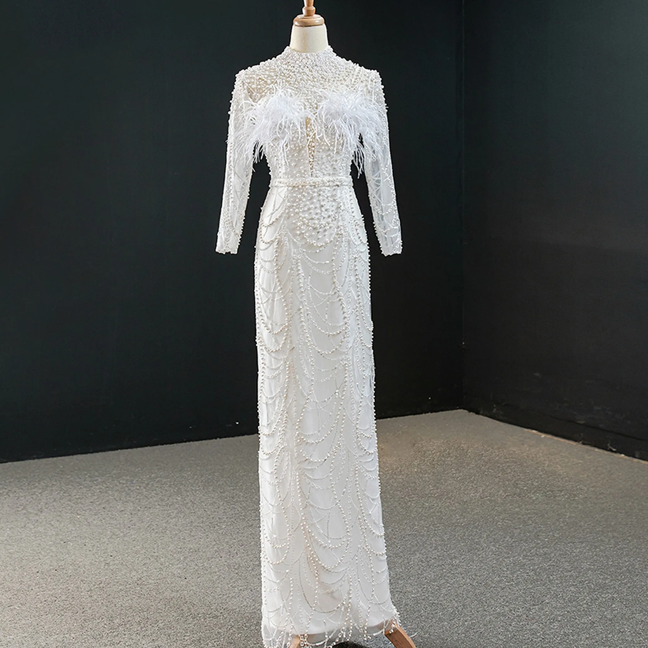 VB Crystal Beading Feather Detachable Train Sheath Wedding Dress