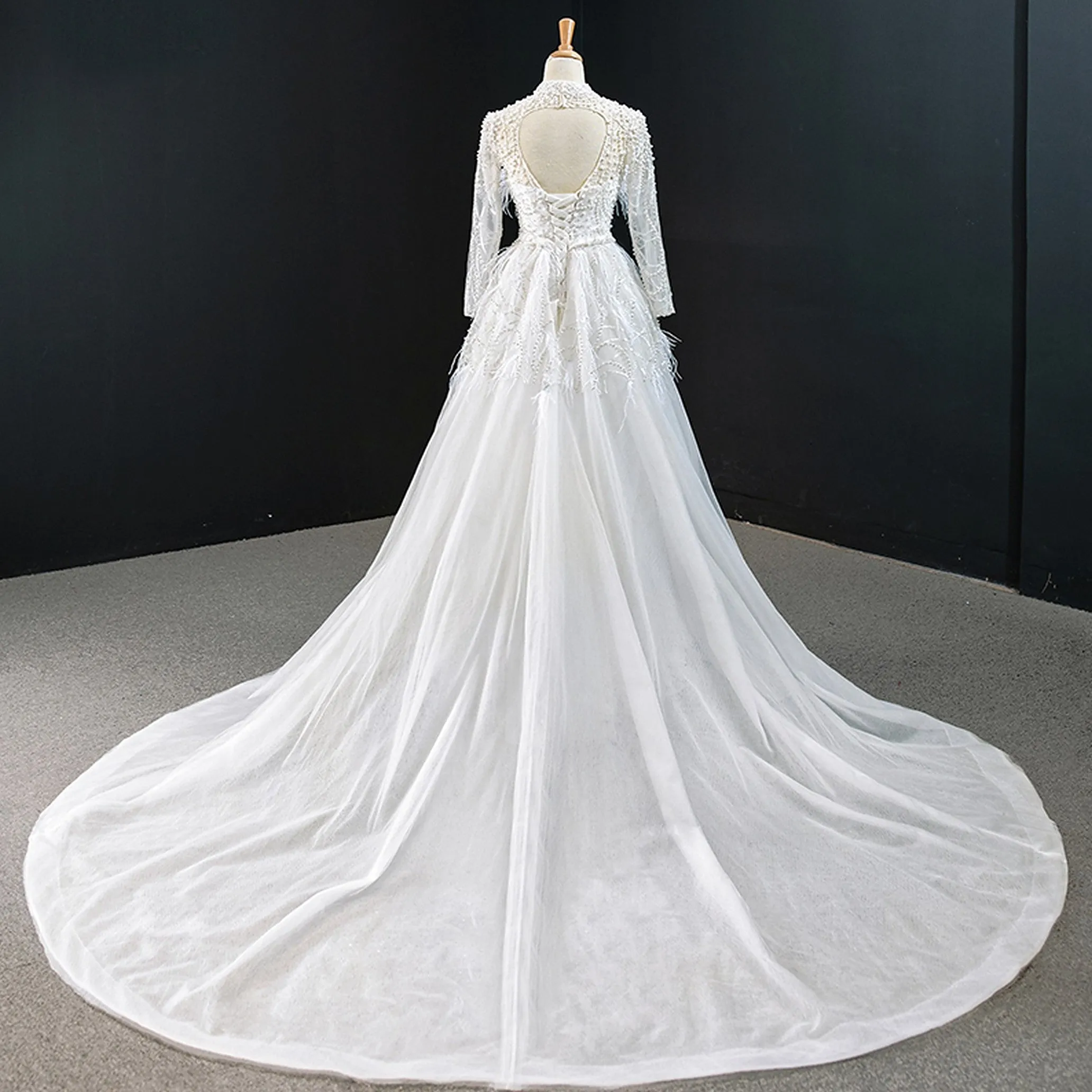 VB Crystal Beading Feather Detachable Train Sheath Wedding Dress