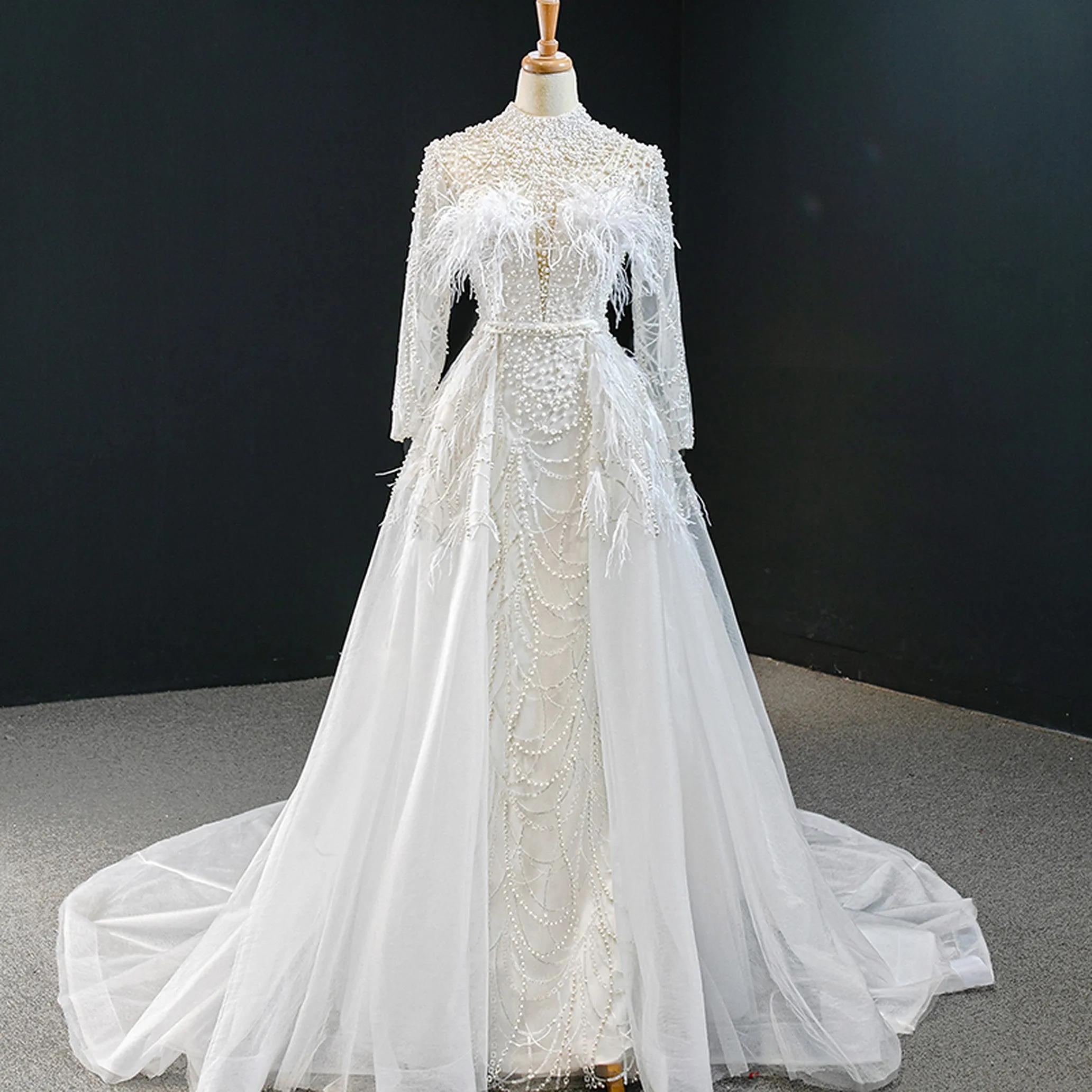 VB Crystal Beading Feather Detachable Train Sheath Wedding Dress