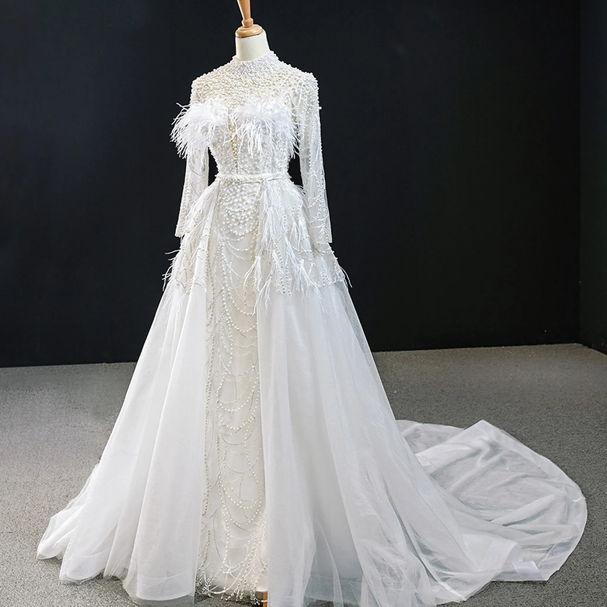 VB Crystal Beading Feather Detachable Train Sheath Wedding Dress