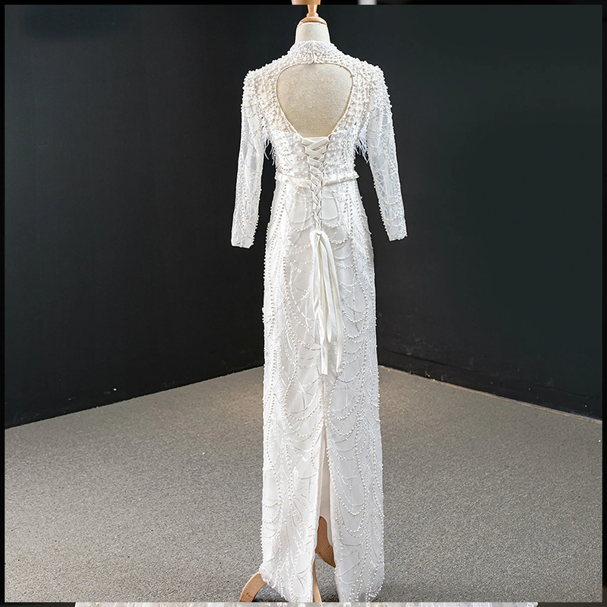 VB Crystal Beading Feather Detachable Train Sheath Wedding Dress