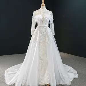 VB Crystal Beading Feather Detachable Train Sheath Wedding Dress