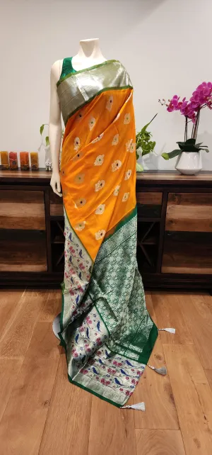 Venkatagiri Silk Saree in Orange and Green W/ Custom Blouse.