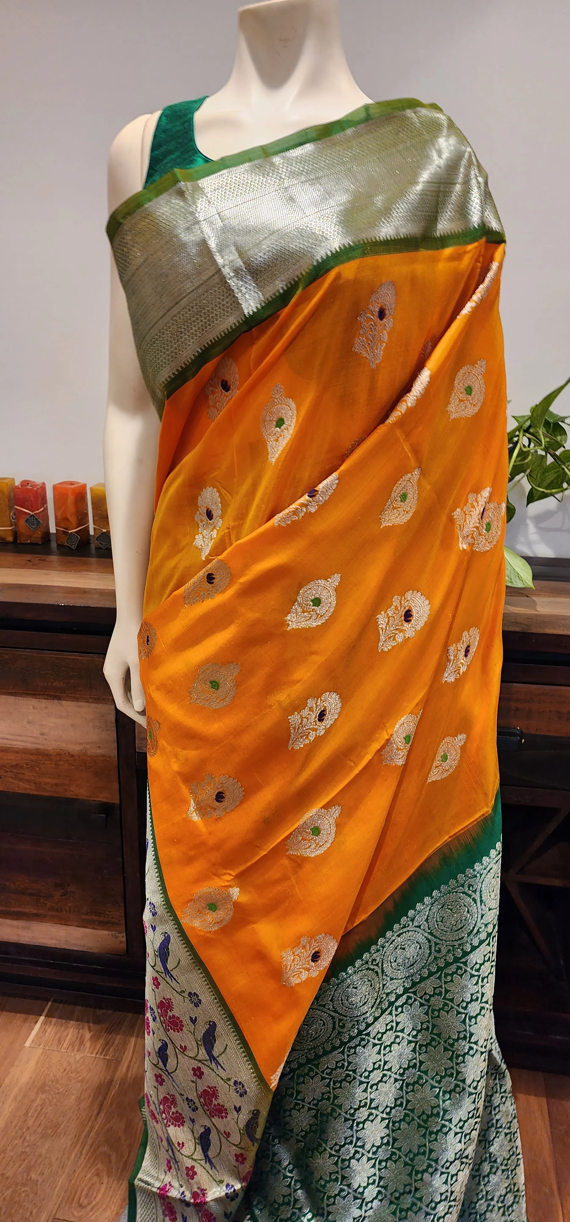 Venkatagiri Silk Saree in Orange and Green W/ Custom Blouse.