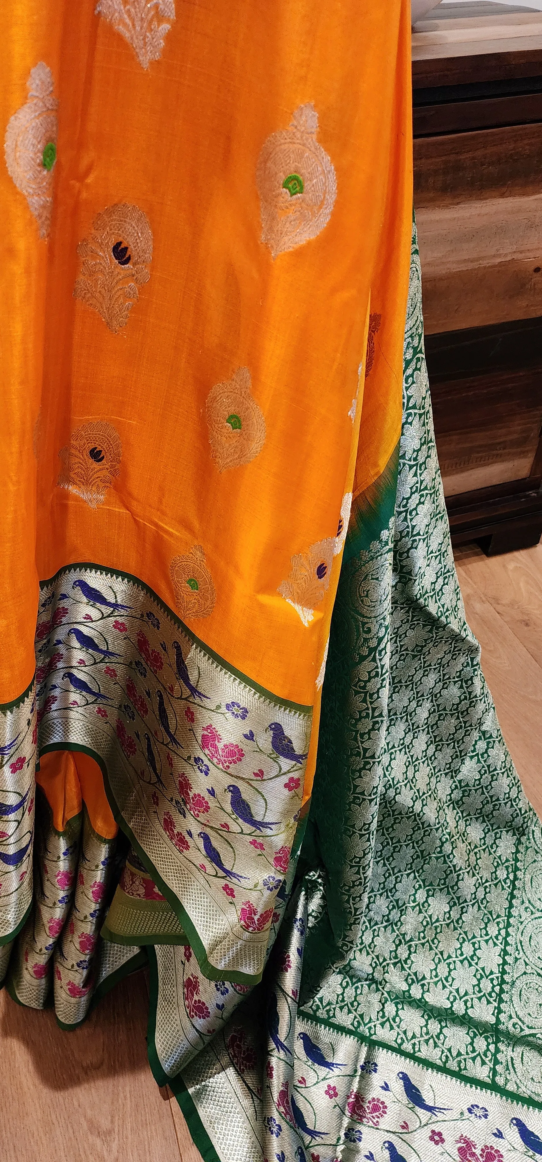 Venkatagiri Silk Saree in Orange and Green W/ Custom Blouse.