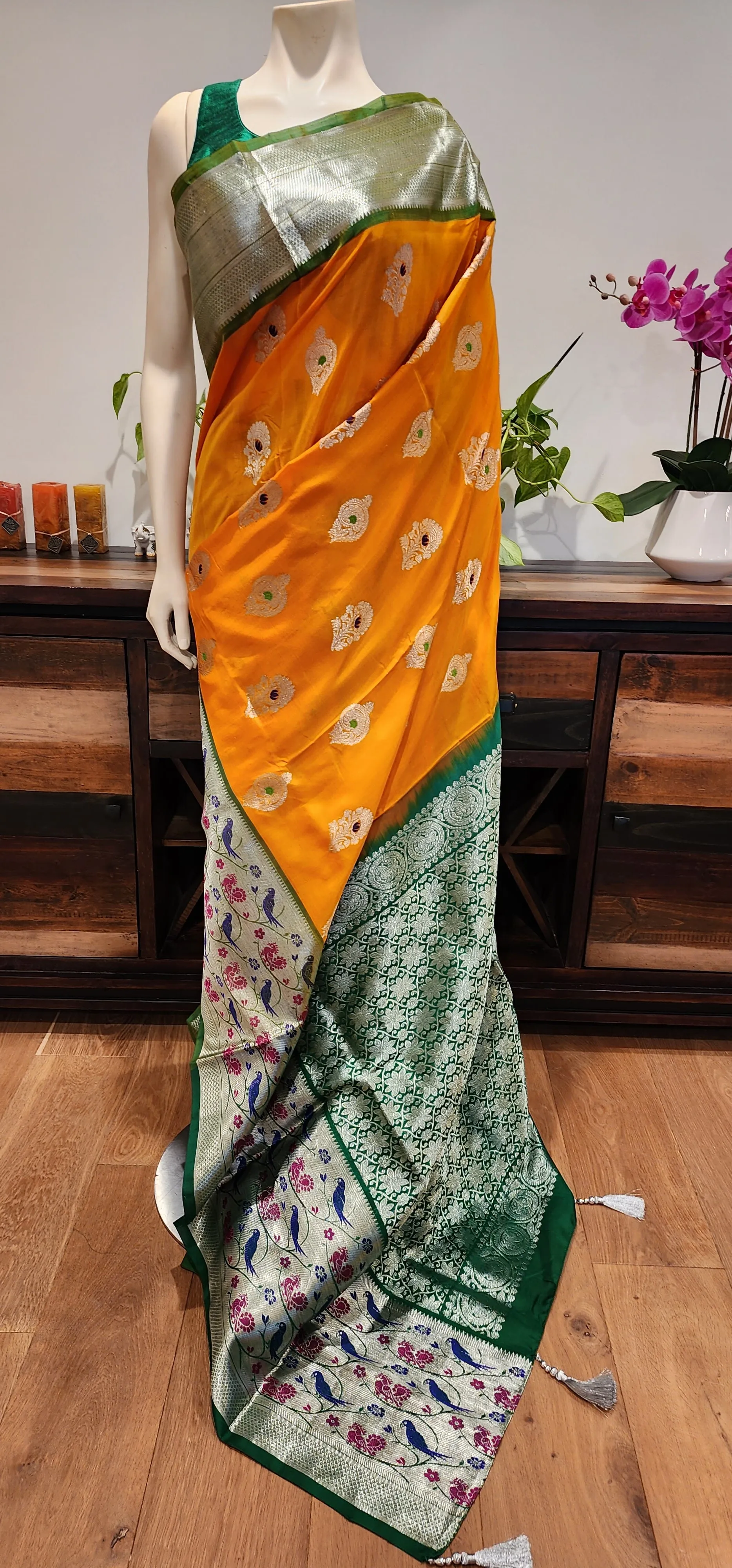 Venkatagiri Silk Saree in Orange and Green W/ Custom Blouse.