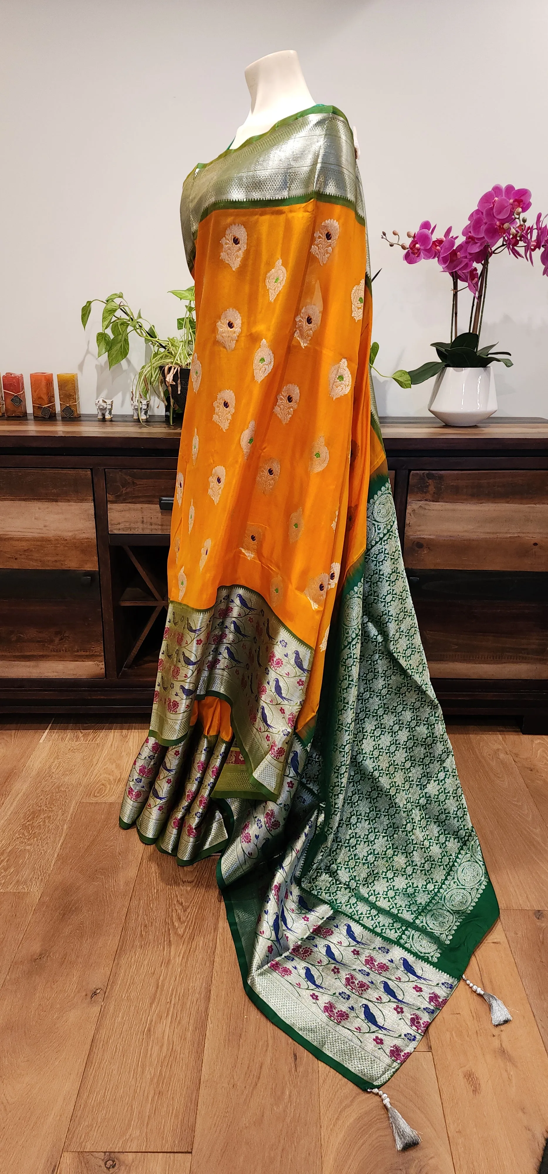 Venkatagiri Silk Saree in Orange and Green W/ Custom Blouse.