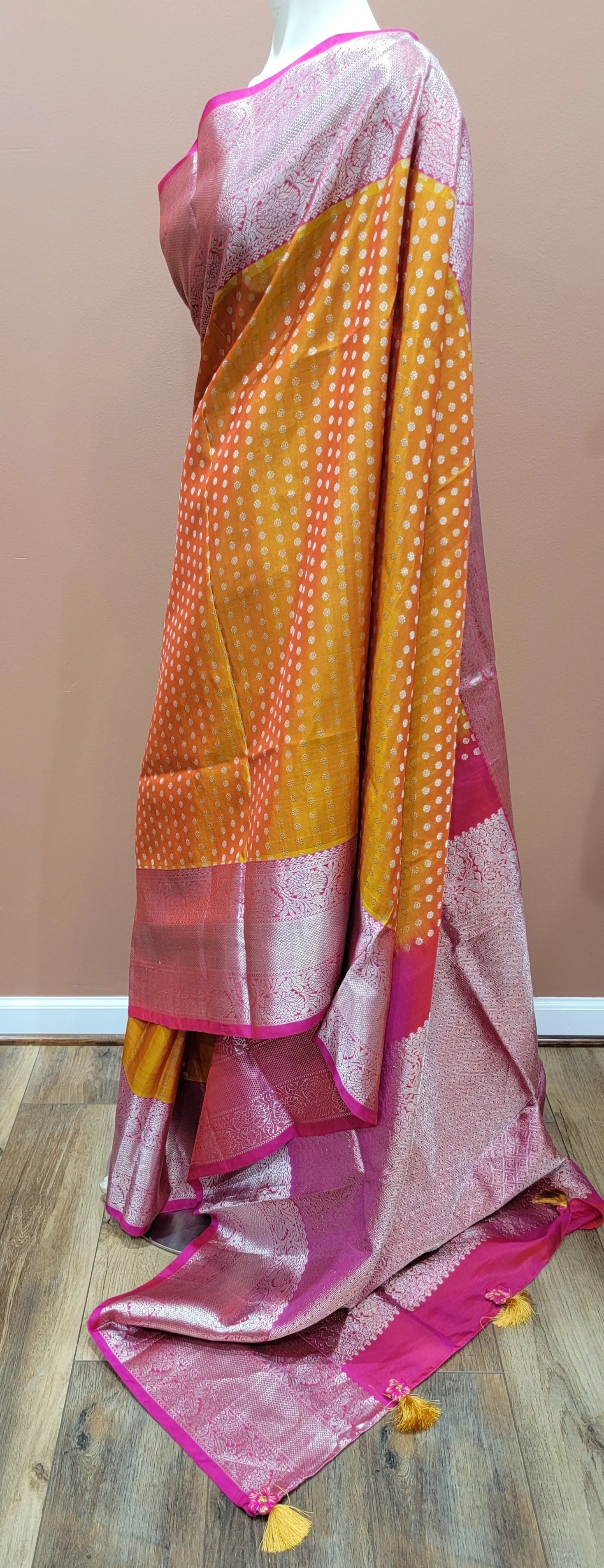 Venkatagiri Silk Saree in Yellow and Pink w/ Custom Blouse