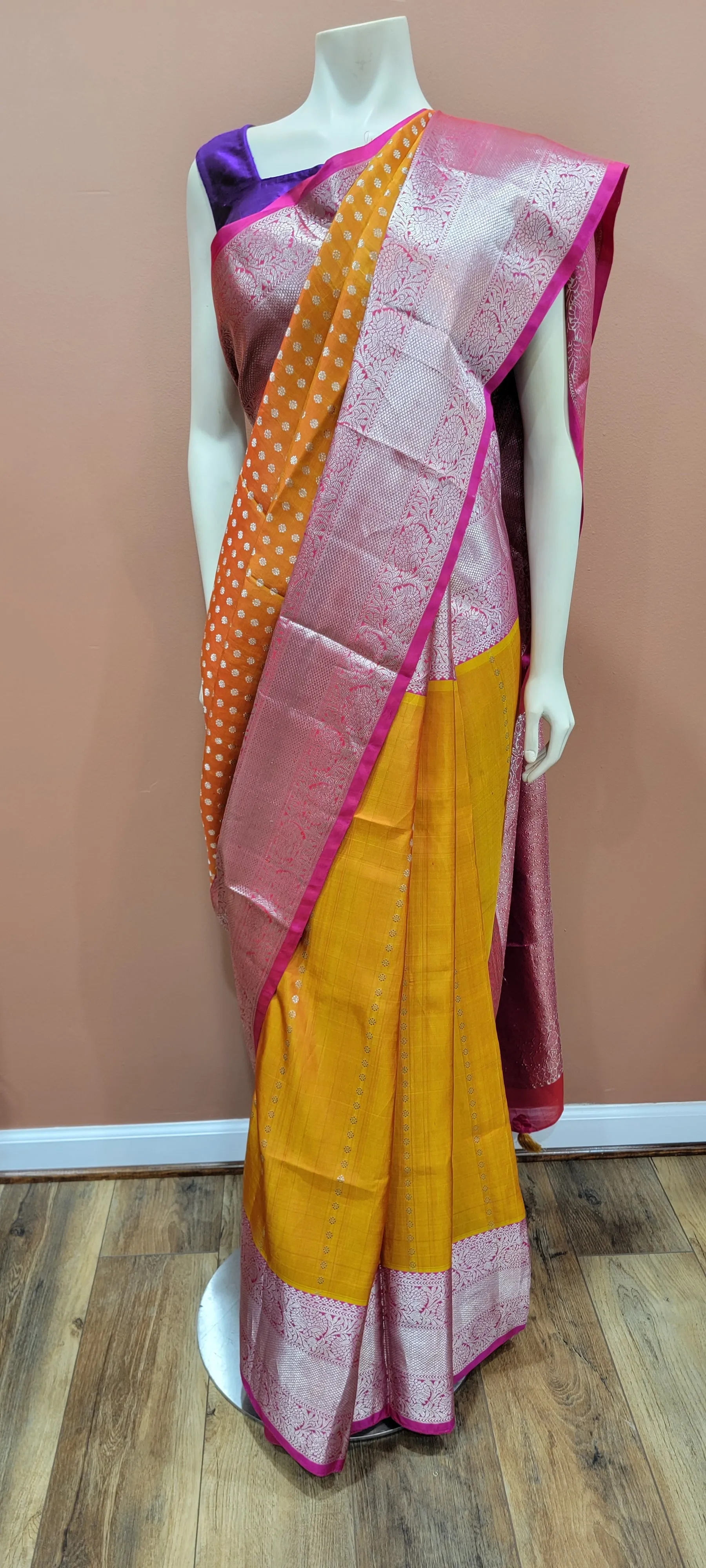 Venkatagiri Silk Saree in Yellow and Pink w/ Custom Blouse