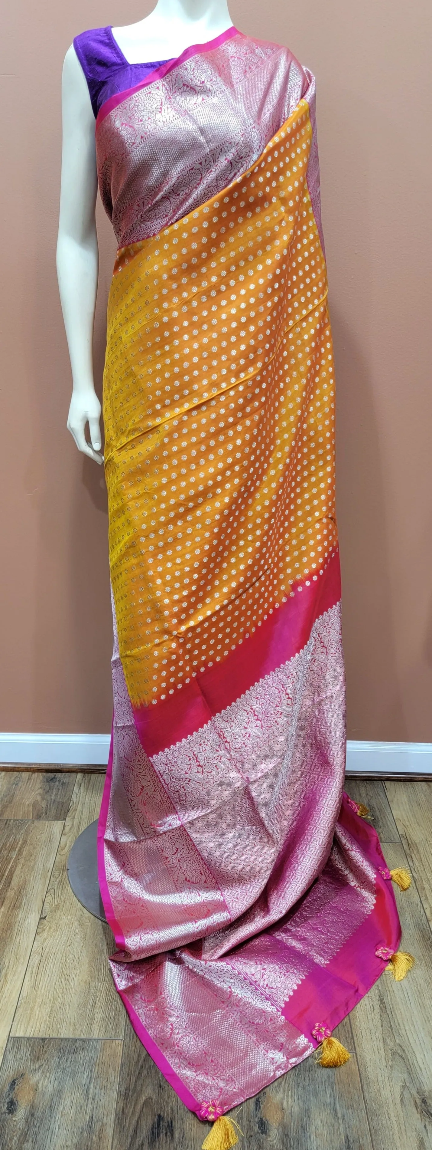 Venkatagiri Silk Saree in Yellow and Pink w/ Custom Blouse