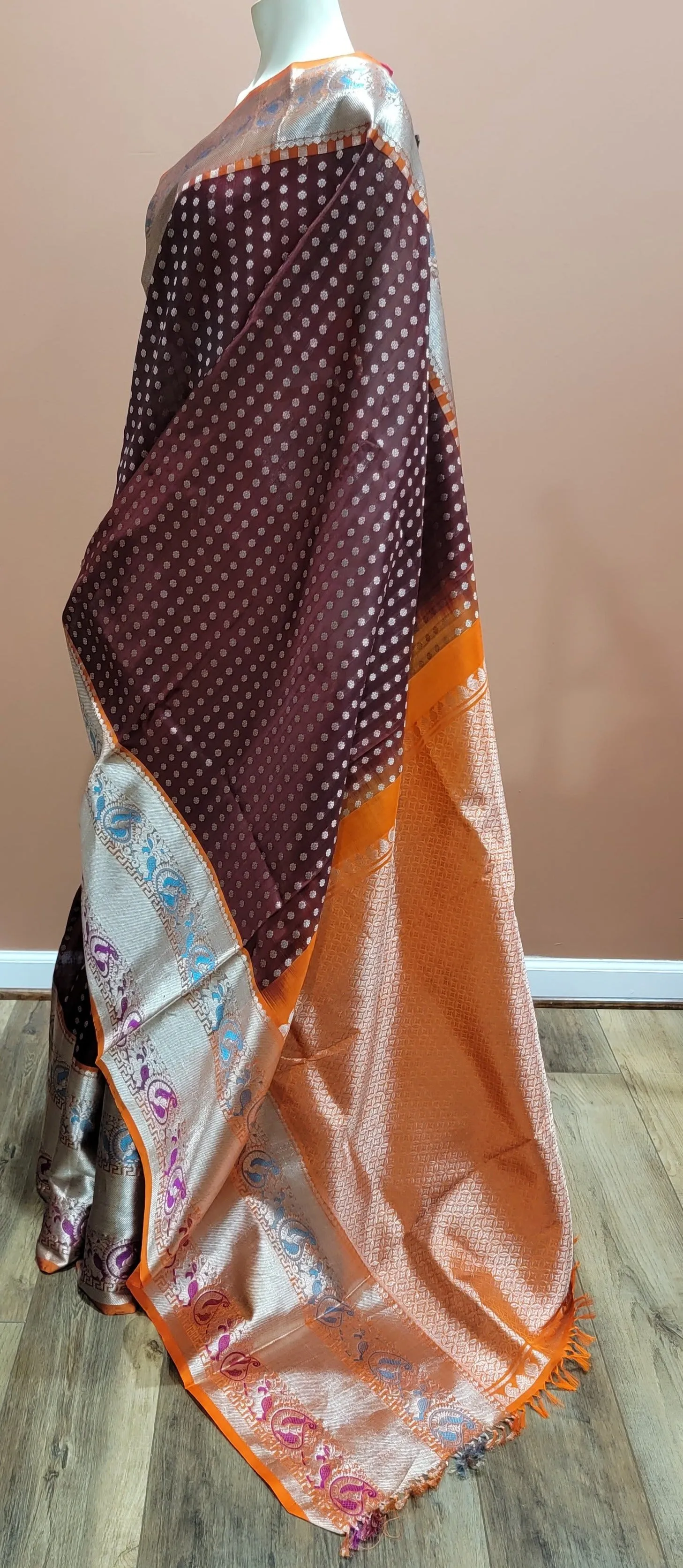 Venkatagiri Silk Saree w/ Blouse in Brown and Orange