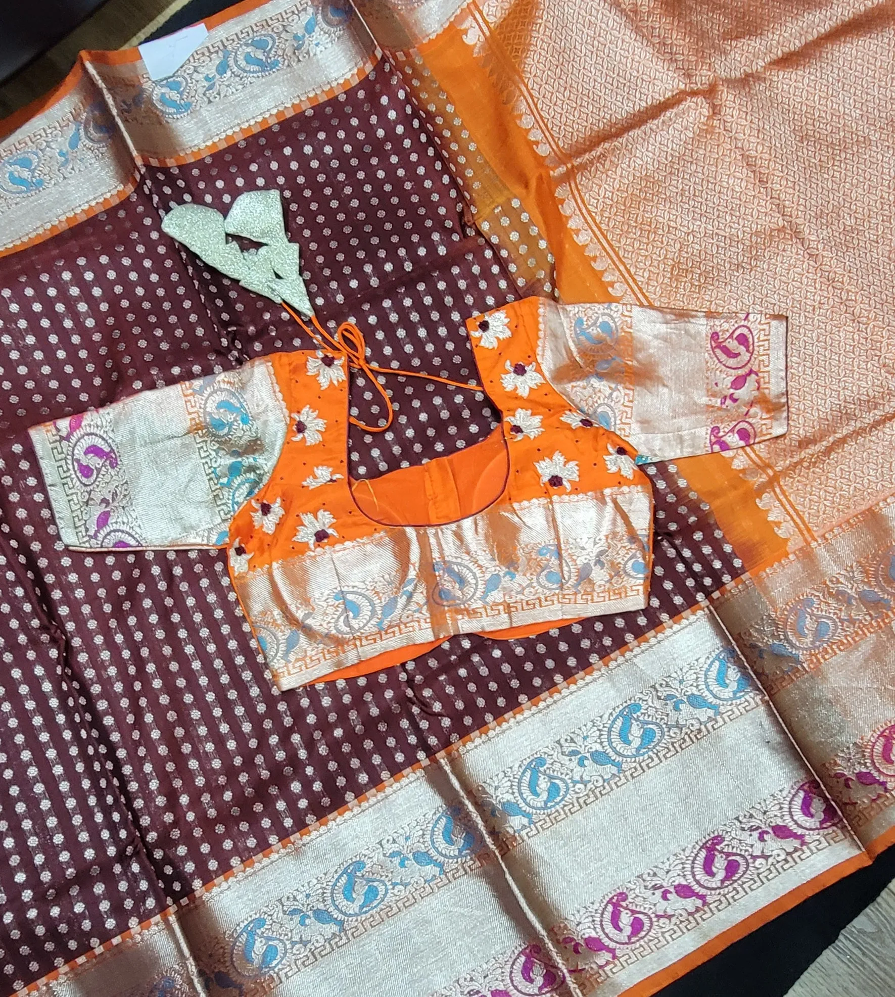 Venkatagiri Silk Saree w/ Blouse in Brown and Orange