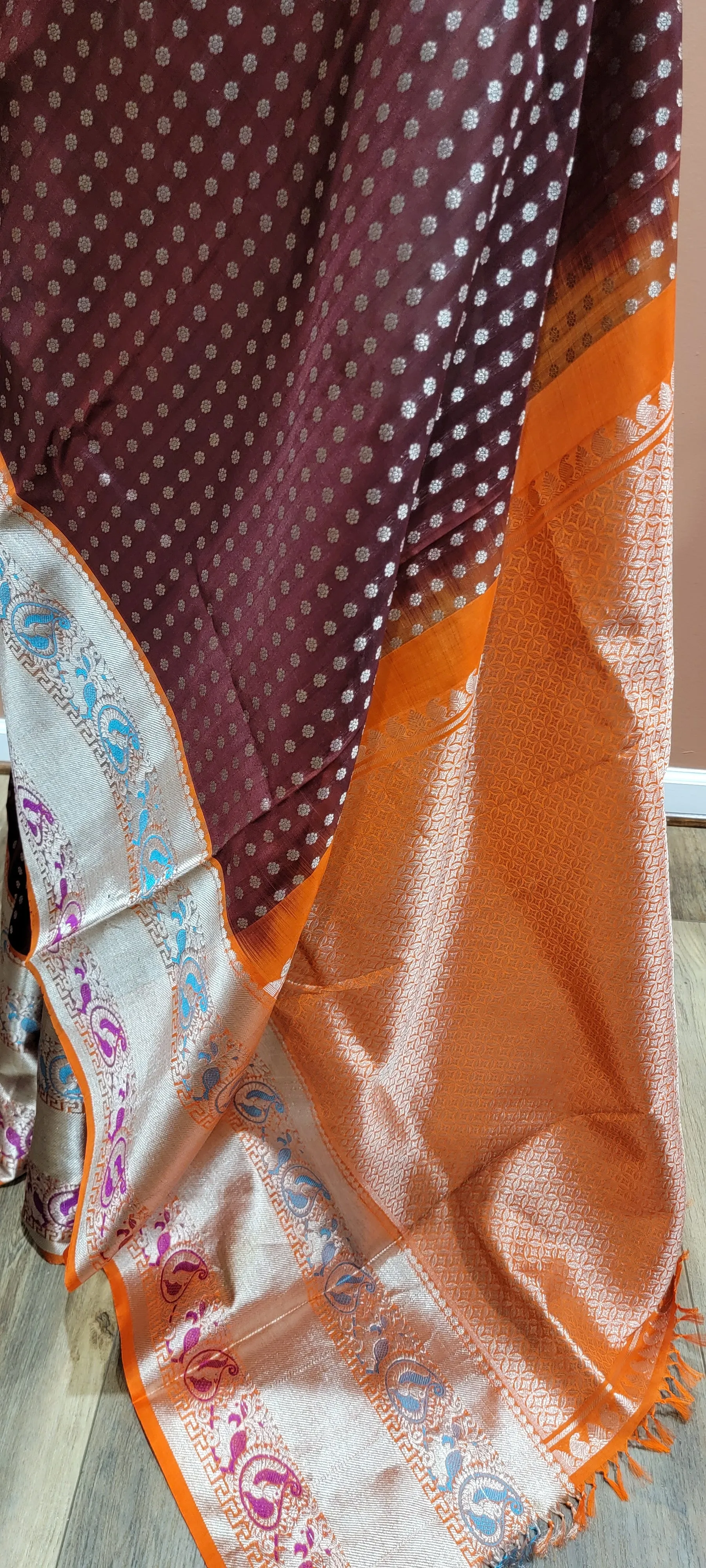 Venkatagiri Silk Saree w/ Blouse in Brown and Orange