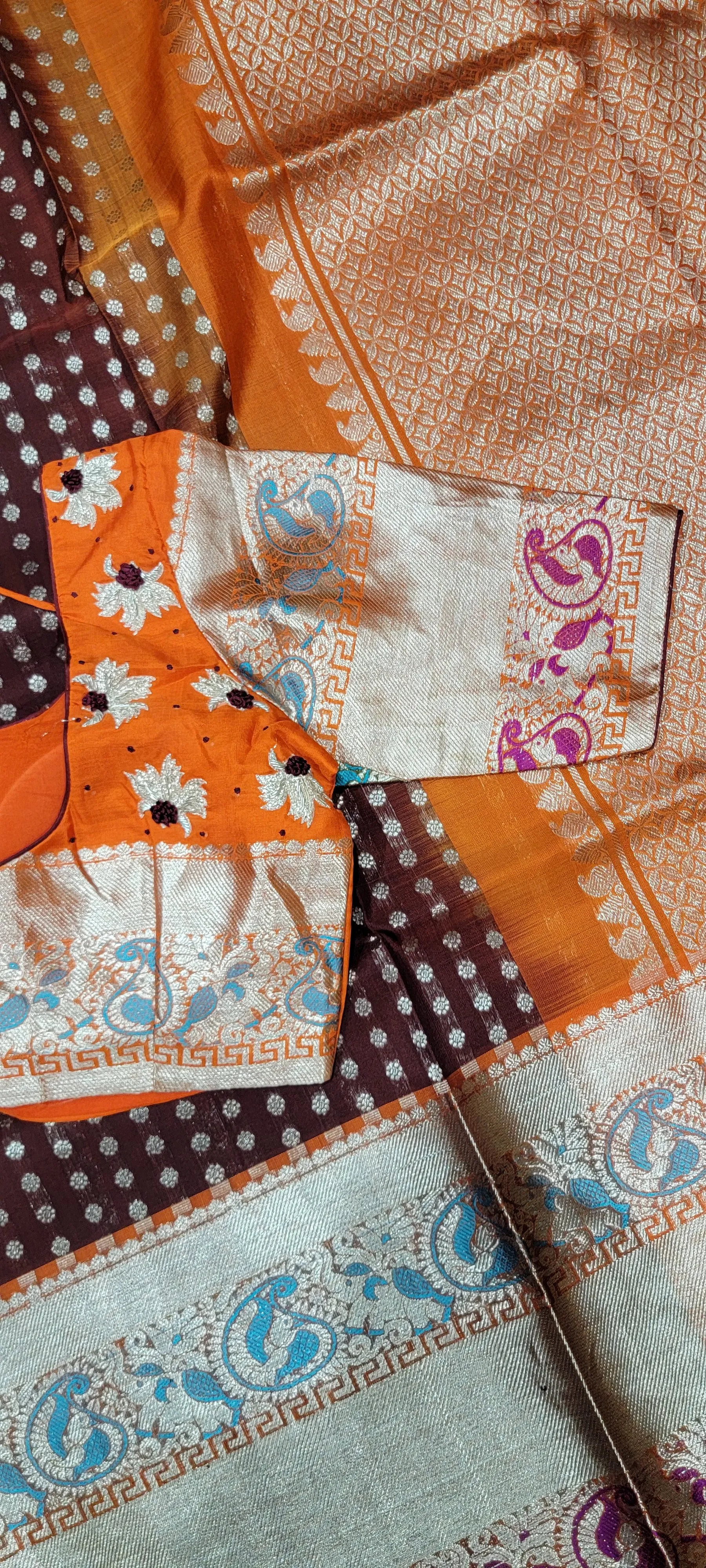 Venkatagiri Silk Saree w/ Blouse in Brown and Orange
