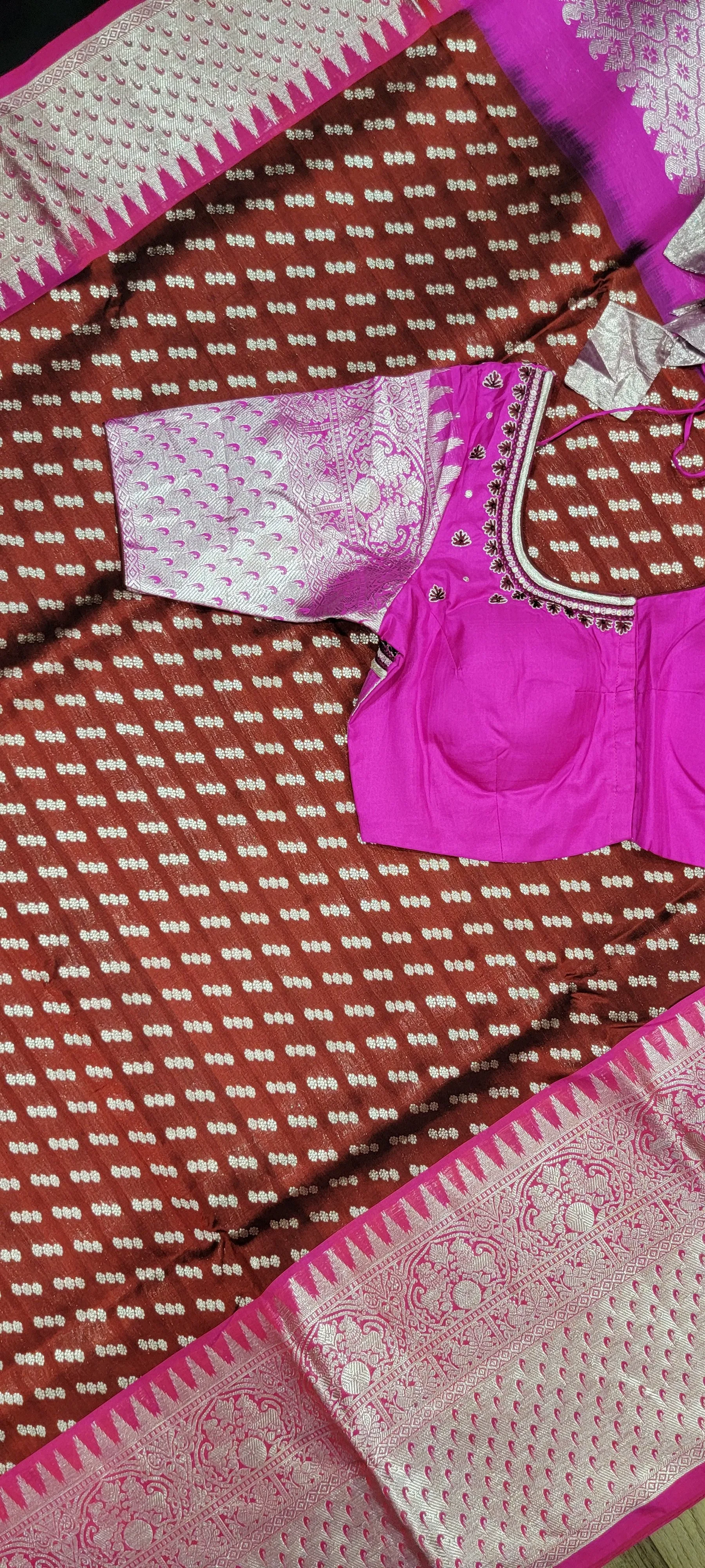 Venkatagiri Silk Saree w/ Blouse in Brown and Pink