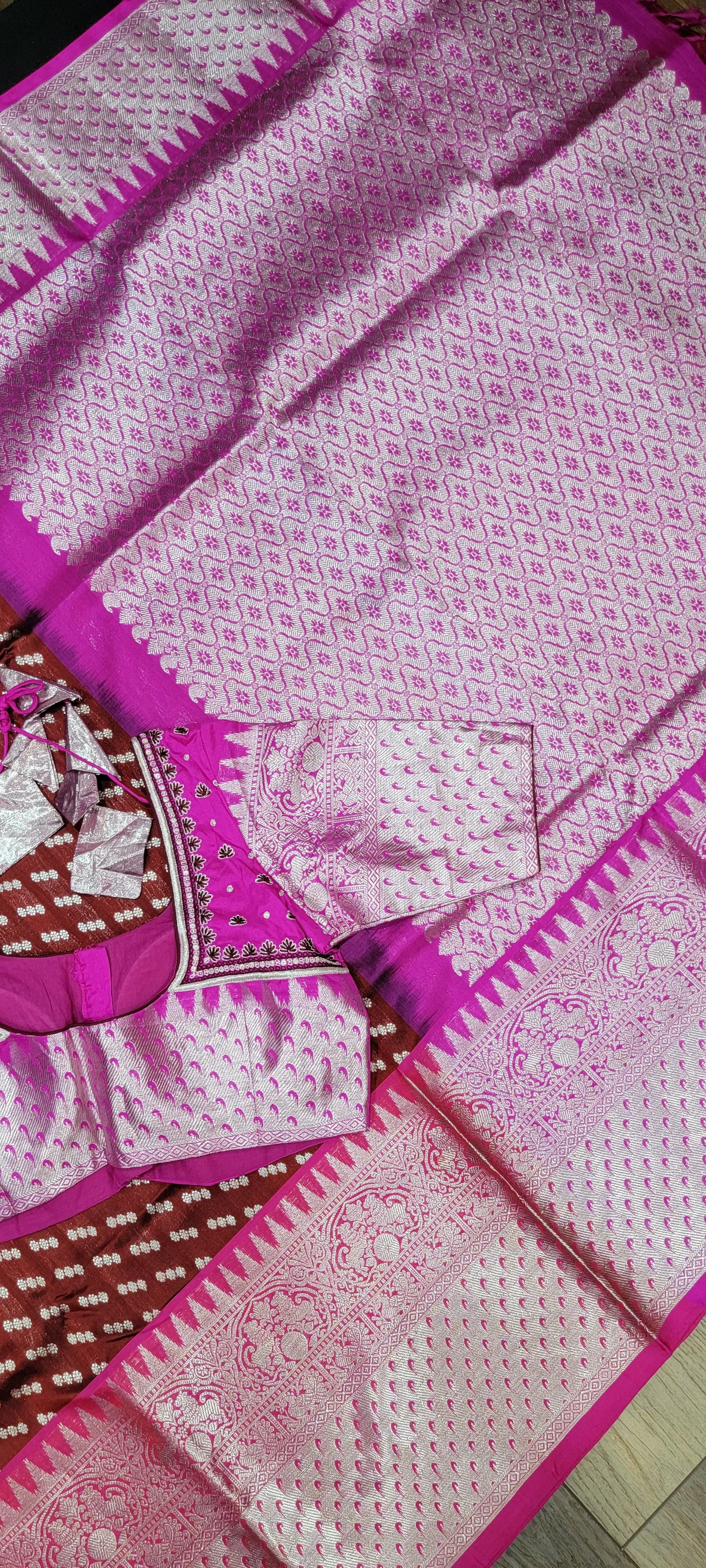 Venkatagiri Silk Saree w/ Blouse in Brown and Pink