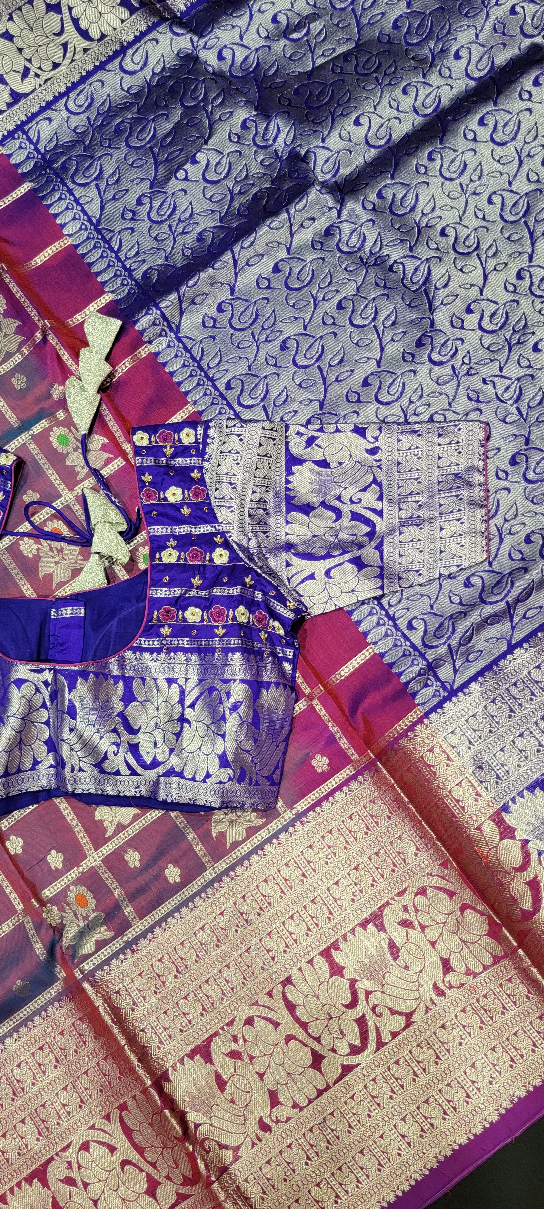 Venkatagiri Silk Saree w/ Blouse in Violet and Blue