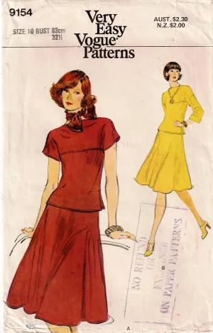 Very Easy Vogue 9154 Womens Yoked Top & Skirt 1970s Vintage Sewing Pattern Size 10 Bust 32 1/2 inches UNCUT Factory Folded