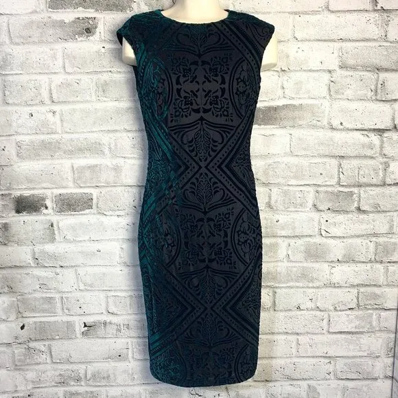 Vince Camuto Green Velvet Burnout Cap Sleeve Bodycon Sheath Dress