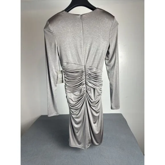 VINCE CAMUTO‎ Womens Beige Lined Shoulder Pads Long Sleeve Gray Shimmer Dress 2