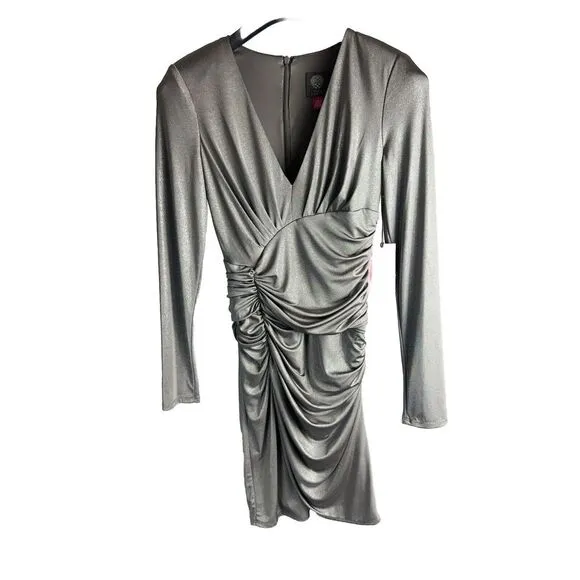 VINCE CAMUTO‎ Womens Beige Lined Shoulder Pads Long Sleeve Gray Shimmer Dress 2