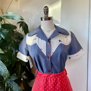 Vintage 70s chambray and floral short sleeve blouse // Sz Medium-ish (HT23103)