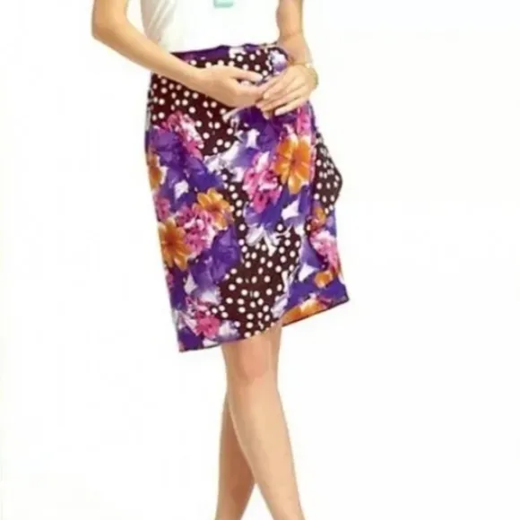 Vintage Anthropologie 2005 Yoanna silk floral dot ruched lined pencil skirt 12
