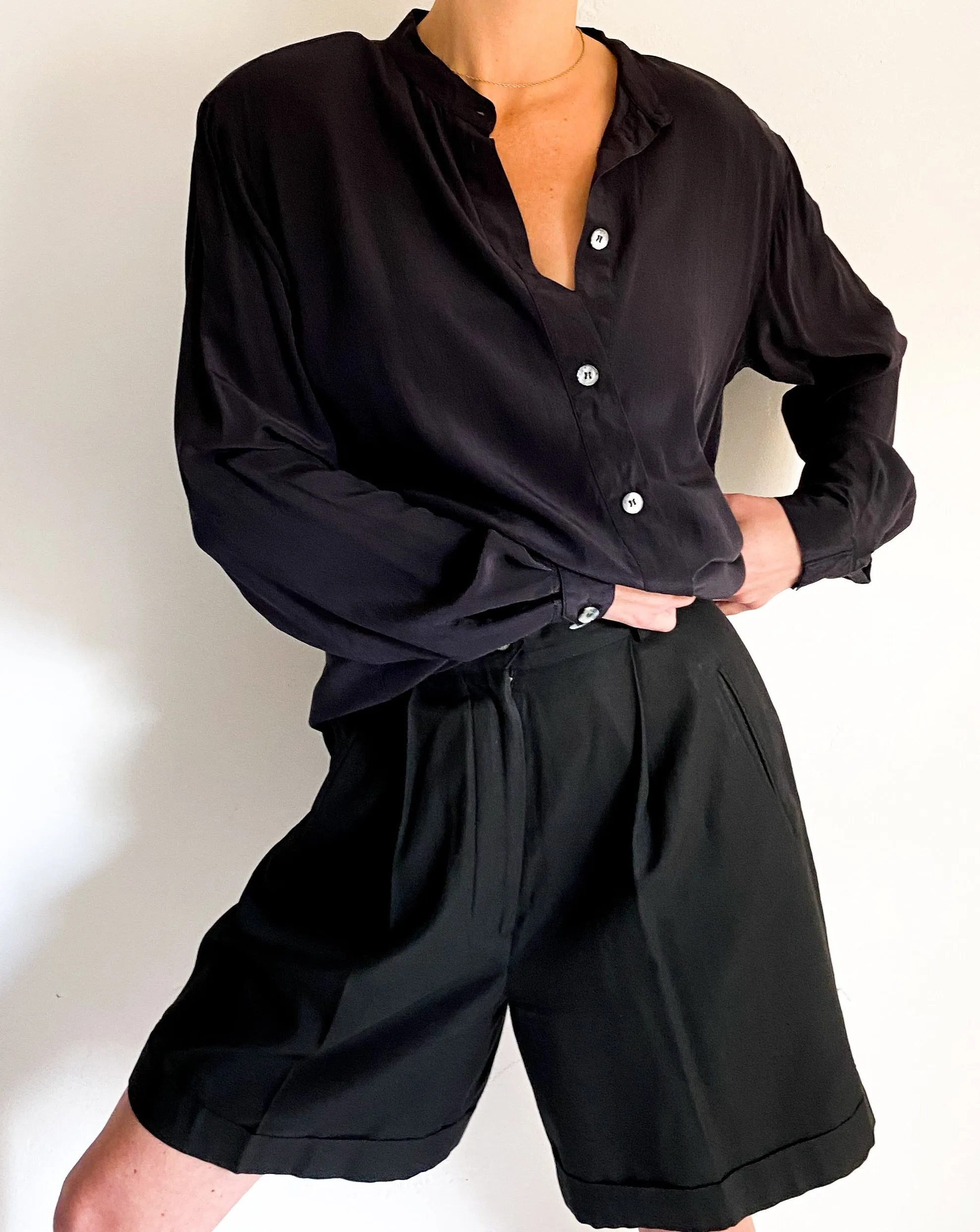 Vintage Black Silk Button Up Blouse