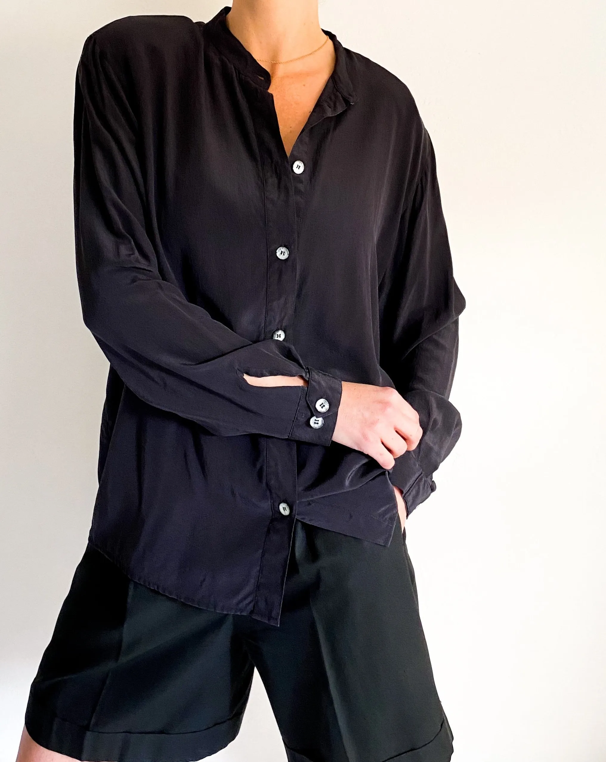 Vintage Black Silk Button Up Blouse