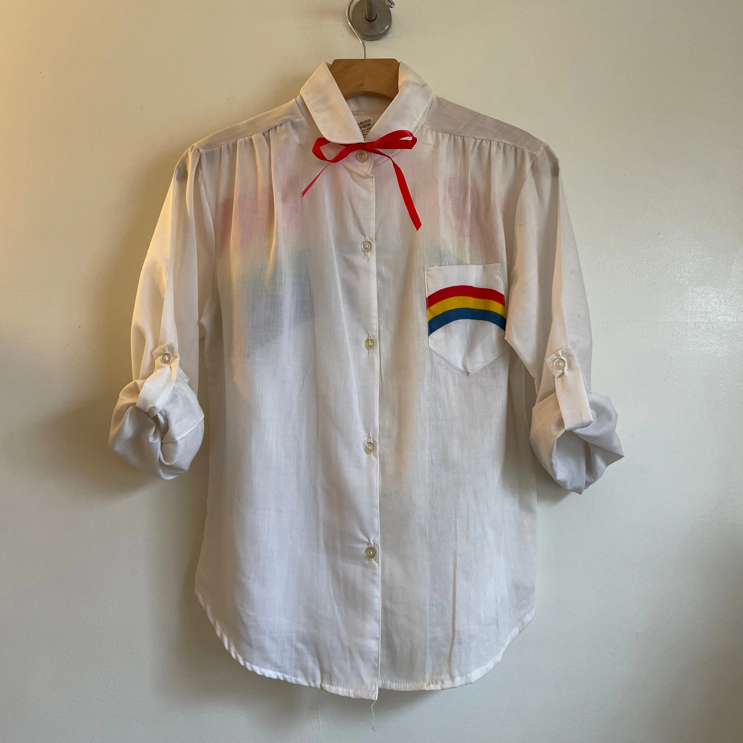 Vintage Deadstock Rainbow blouse with Neck Tie // size Small