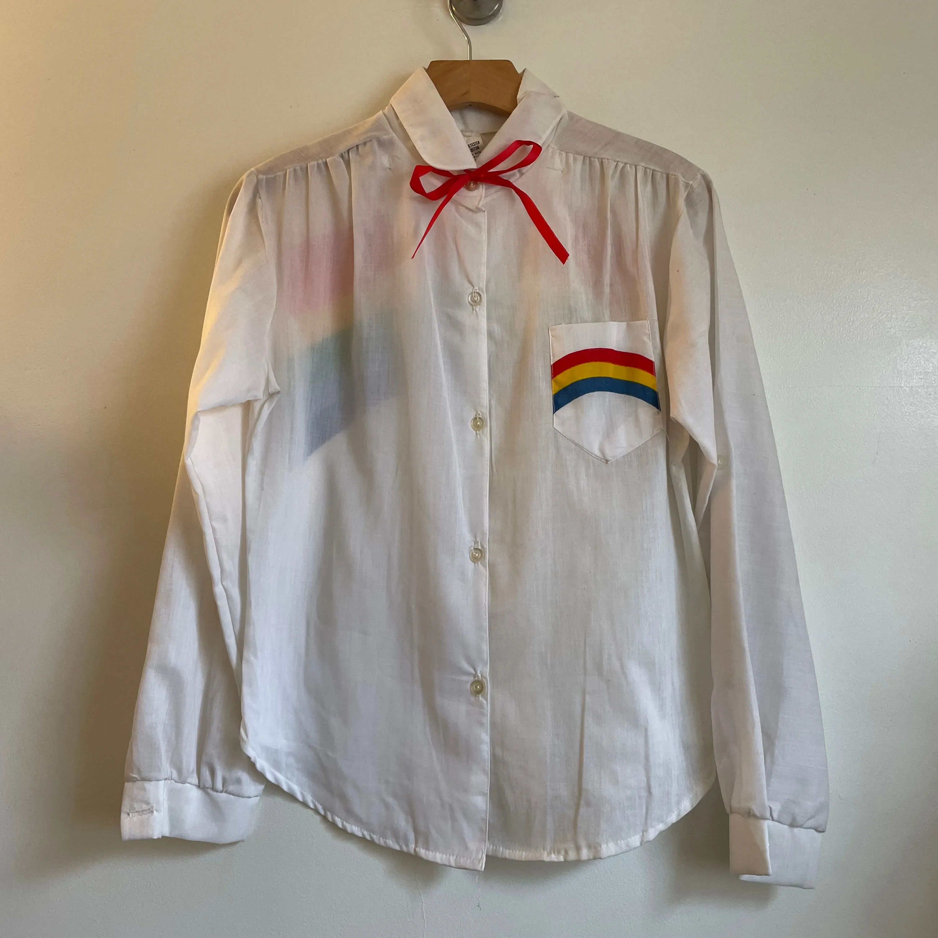 Vintage Deadstock Rainbow blouse with Neck Tie // size Small