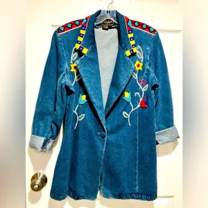 VINTAGE DENIM BLAZER BEADED FLORAL BY IVANA TRUMP 💐❤️‍🔥