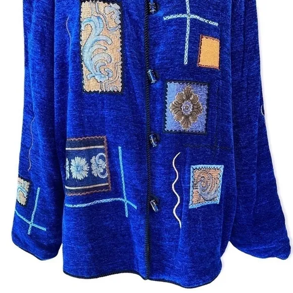 Vintage Indigo Moon Patchwork Lined Blazer Coat Jacket Art Women Blue Medium