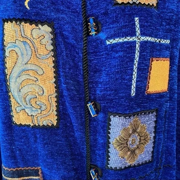 Vintage Indigo Moon Patchwork Lined Blazer Coat Jacket Art Women Blue Medium