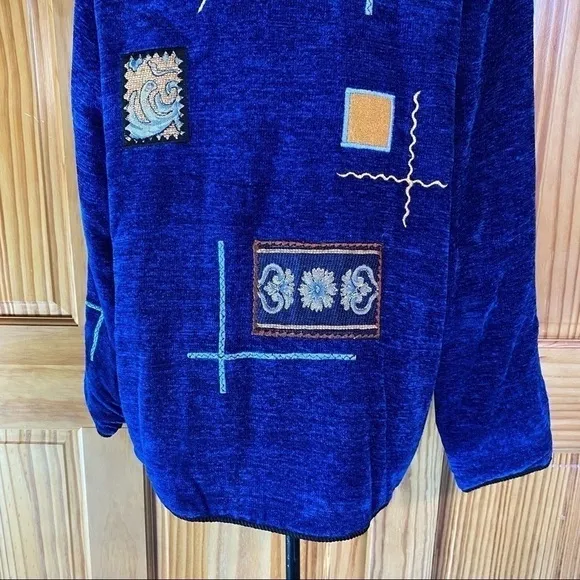 Vintage Indigo Moon Patchwork Lined Blazer Coat Jacket Art Women Blue Medium