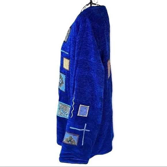 Vintage Indigo Moon Patchwork Lined Blazer Coat Jacket Art Women Blue Medium