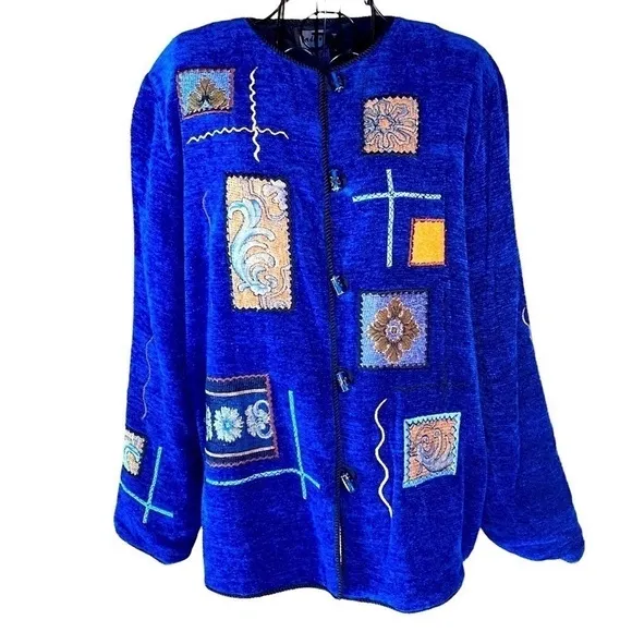 Vintage Indigo Moon Patchwork Lined Blazer Coat Jacket Art Women Blue Medium