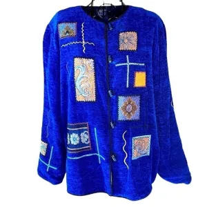 Vintage Indigo Moon Patchwork Lined Blazer Coat Jacket Art Women Blue Medium