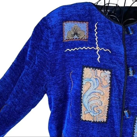 Vintage Indigo Moon Patchwork Lined Blazer Coat Jacket Art Women Blue Medium