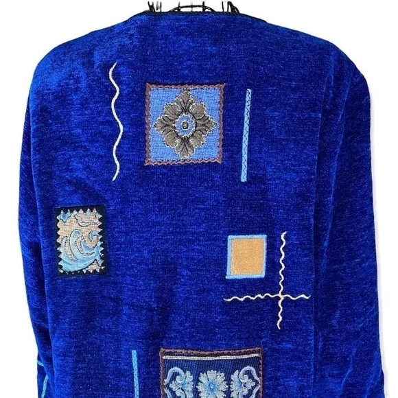Vintage Indigo Moon Patchwork Lined Blazer Coat Jacket Art Women Blue Medium