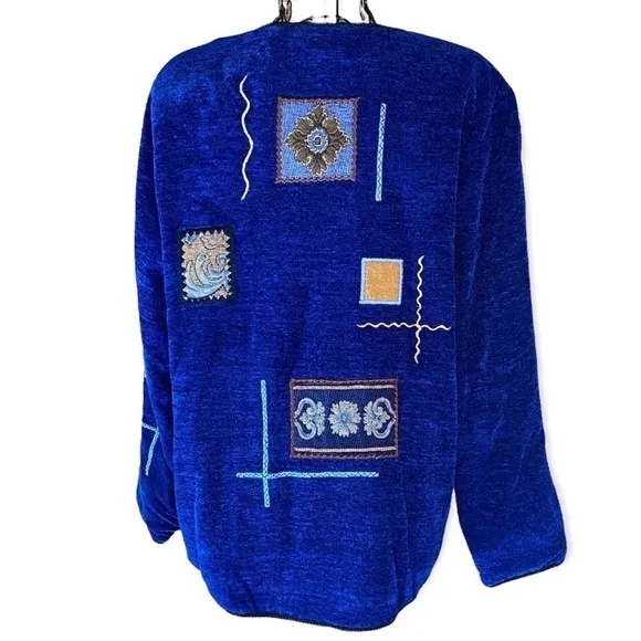 Vintage Indigo Moon Patchwork Lined Blazer Coat Jacket Art Women Blue Medium