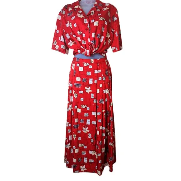 Vintage Rare Pendleton 90's Red Rayon Novelty Printed Skirt Set.