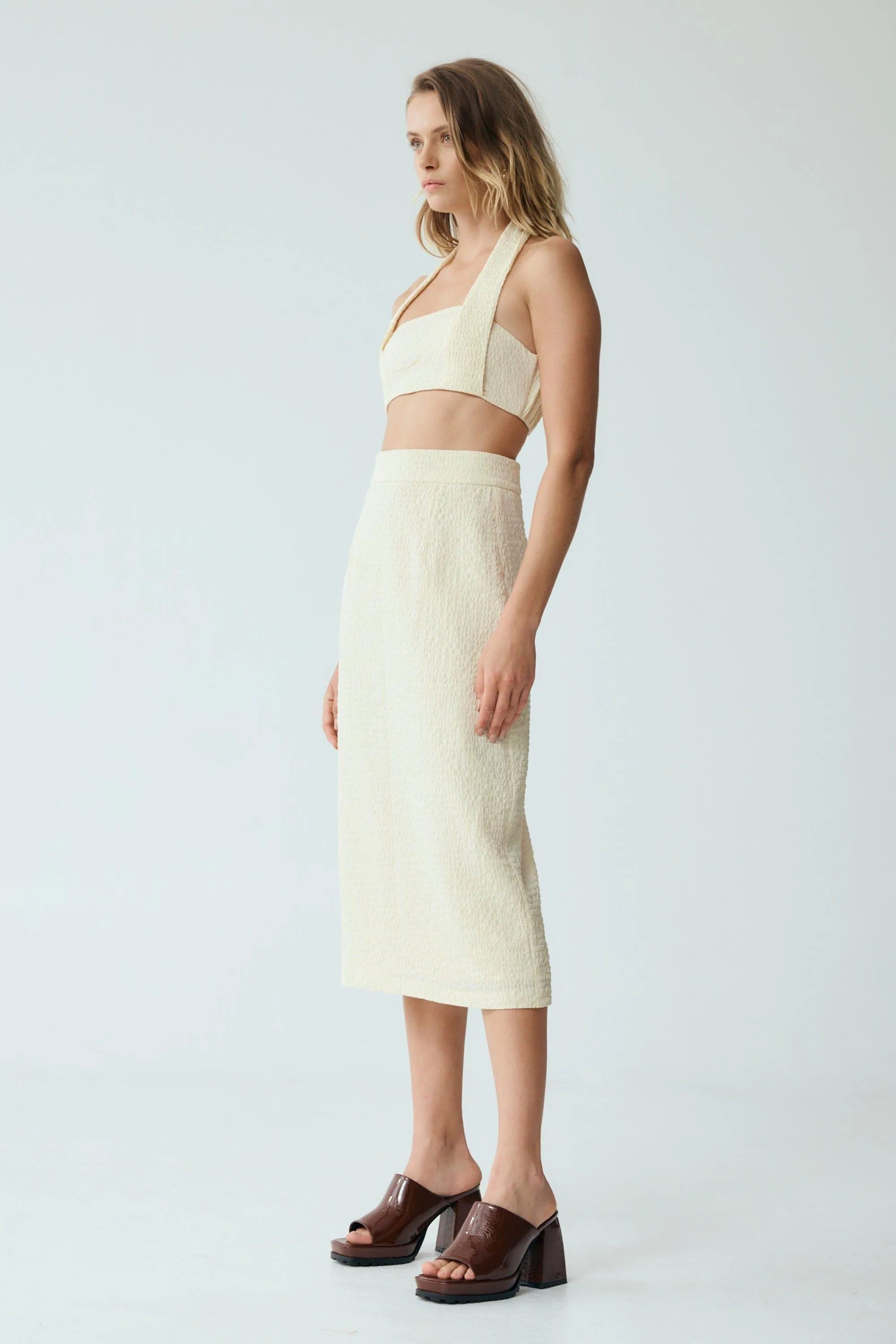 WAFFLE HALTER CROP TOP | CREAM