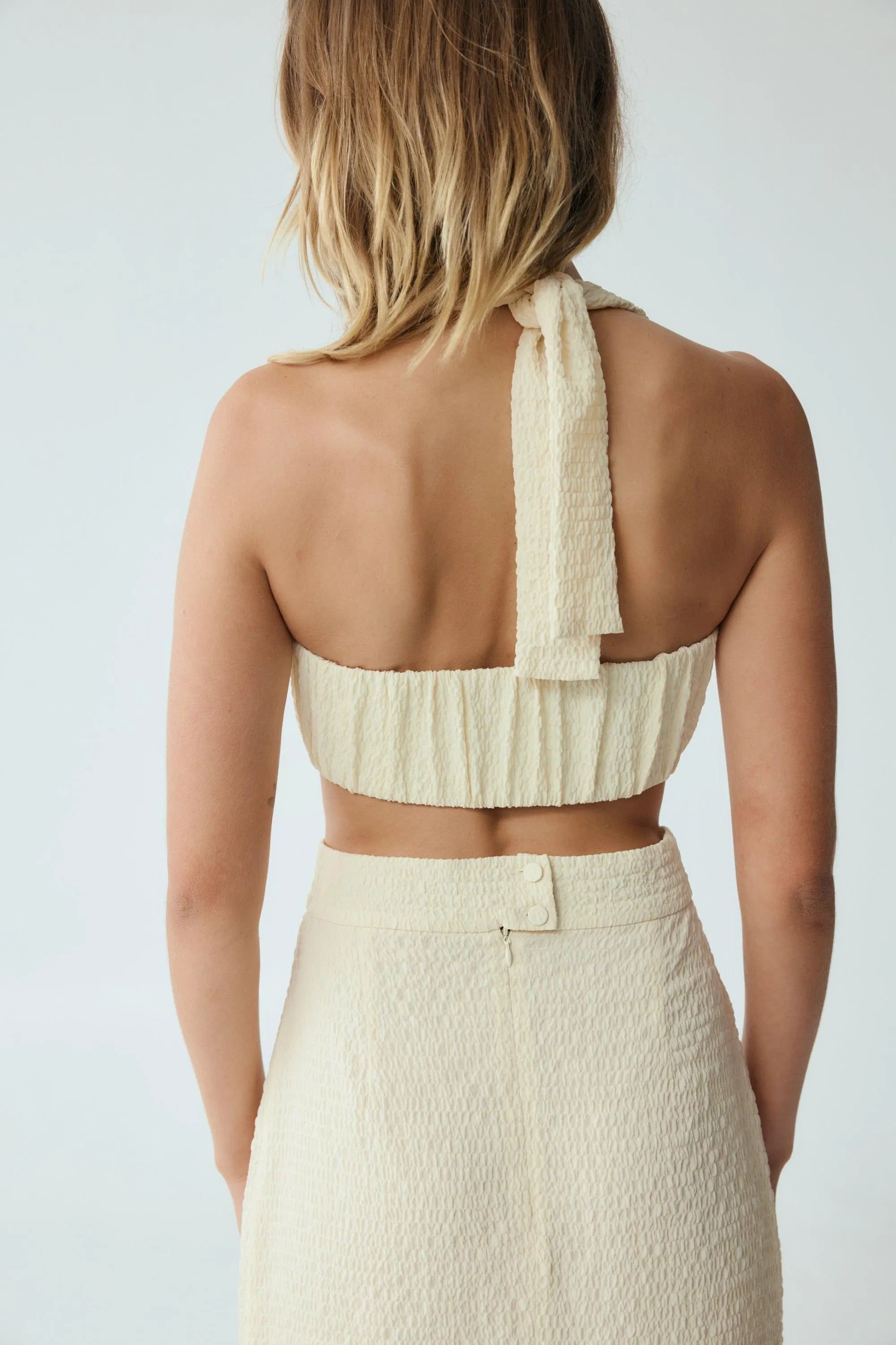 WAFFLE HALTER CROP TOP | CREAM