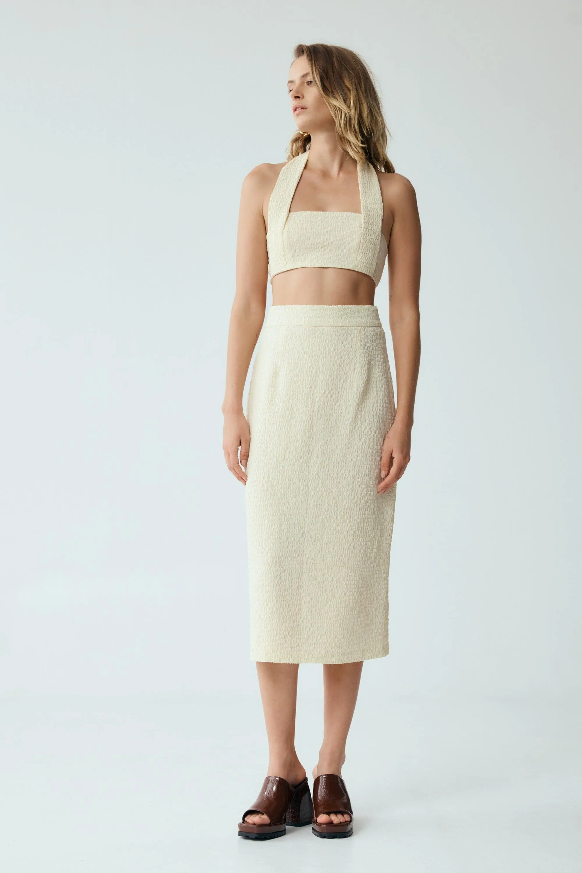WAFFLE HALTER CROP TOP | CREAM