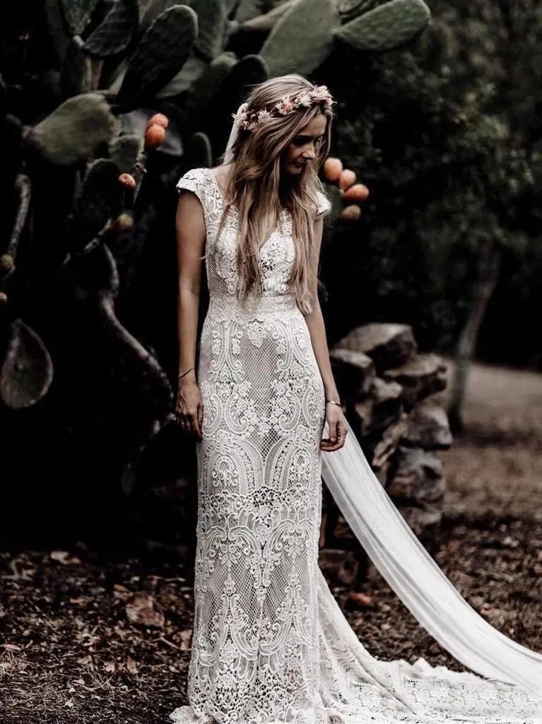 Wedding Dress Features Deep V-Neck Sexy Backless With Cap Sleeves Made In Lace Sheath Boho Style
