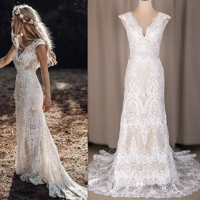 Wedding Dress Features Deep V-Neck Sexy Backless With Cap Sleeves Made In Lace Sheath Boho Style
