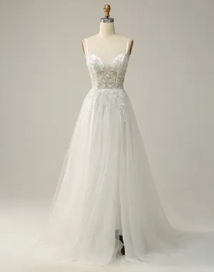 White A-Line Spaghetti Straps Long Prom Dress With Beading